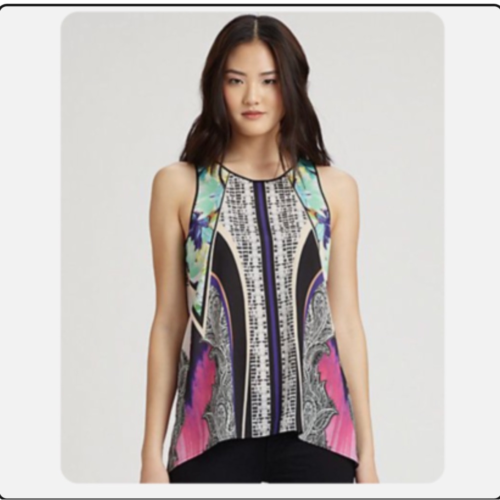 CLOVER CANYON Bright Tropical Print Silky Criss Cross Abstract Blouse